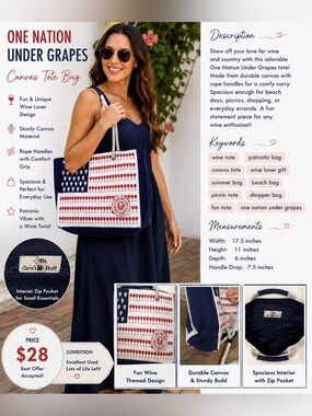 Navy and White Rope-Handle Tote with Red Flag Motif